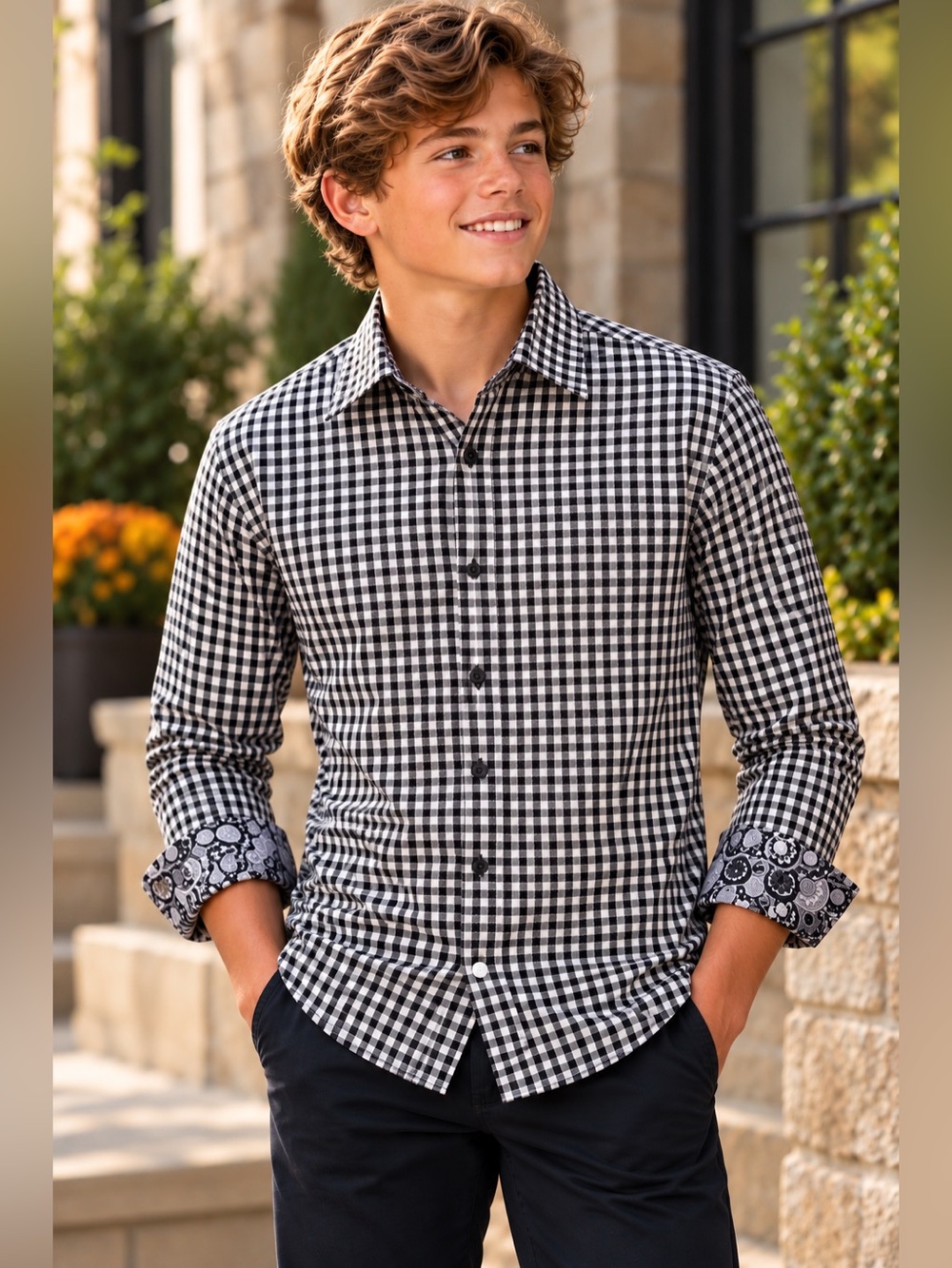 Robert Graham Boys Black White Gingham Check Dress Shirt Size L 14-16